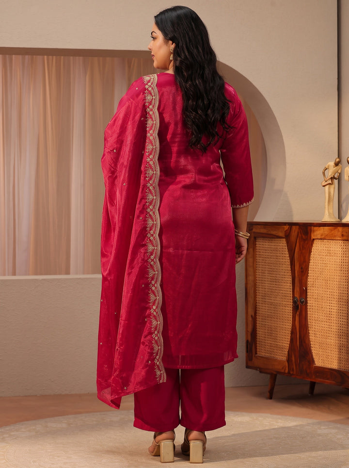 Plus Size Red Floral Embroidered Tissue Straight Suit Set
