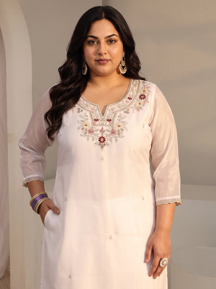 Plus Size White Floral Embroidered Tissue Straight Suit Set With Dupatta