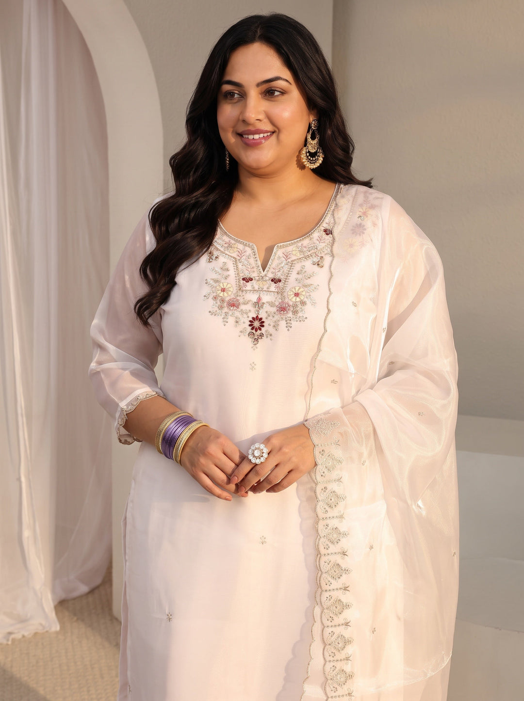 Plus Size White Floral Embroidered Tissue Straight Suit Set With Dupatta