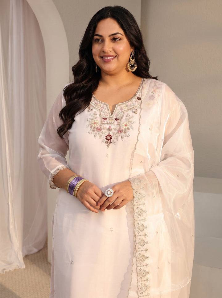 Plus Size White Floral Embroidered Tissue Straight Suit Set With Dupatta