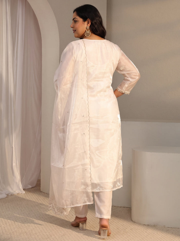 Plus Size White Floral Embroidered Tissue Straight Suit Set With Dupatta