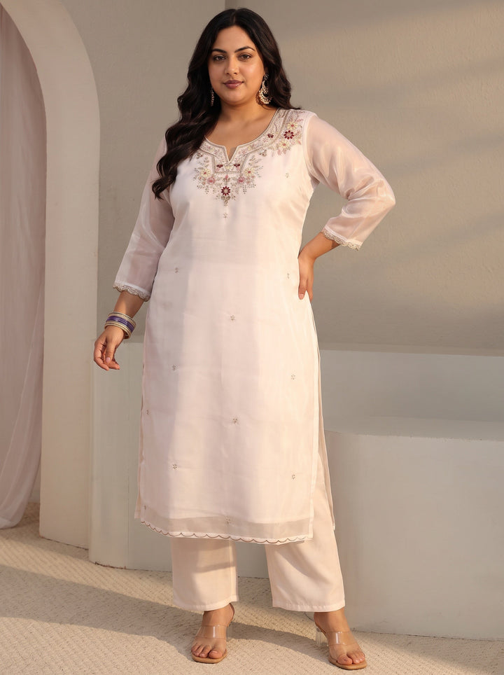 Plus Size White Floral Embroidered Tissue Straight Suit Set With Dupatta