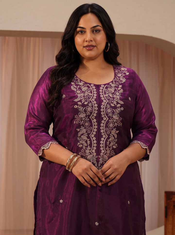 Plus Size Burgundy Floral Embroidered Tissue Straight Suit Set