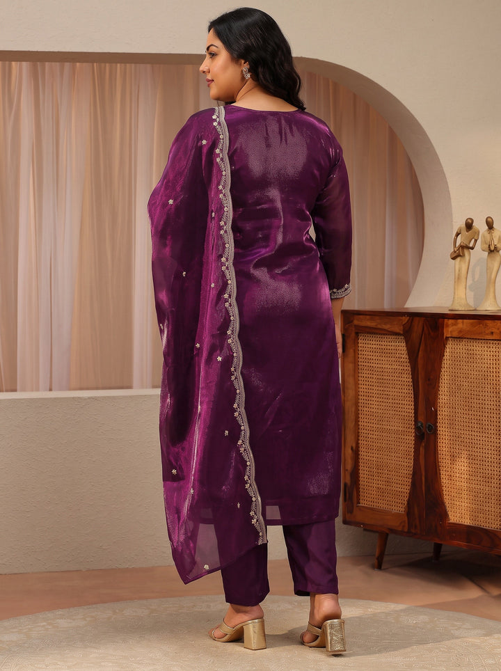 Plus Size Burgundy Floral Embroidered Tissue Straight Suit Set