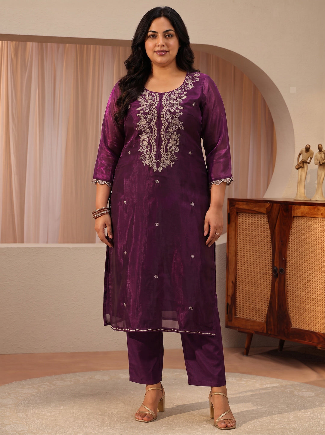 Plus Size Burgundy Floral Embroidered Tissue Straight Suit Set