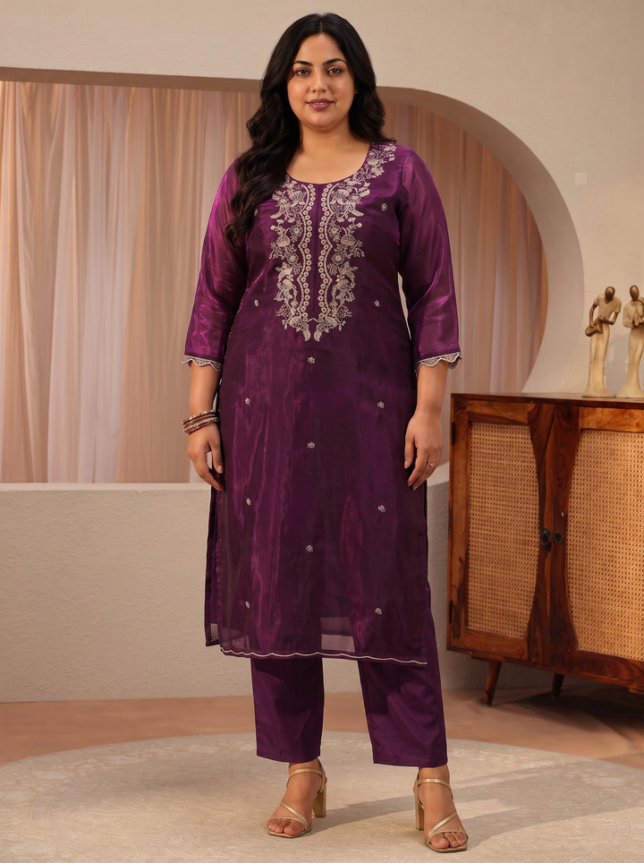 Plus Size Burgundy Floral Embroidered Tissue Straight Suit Set