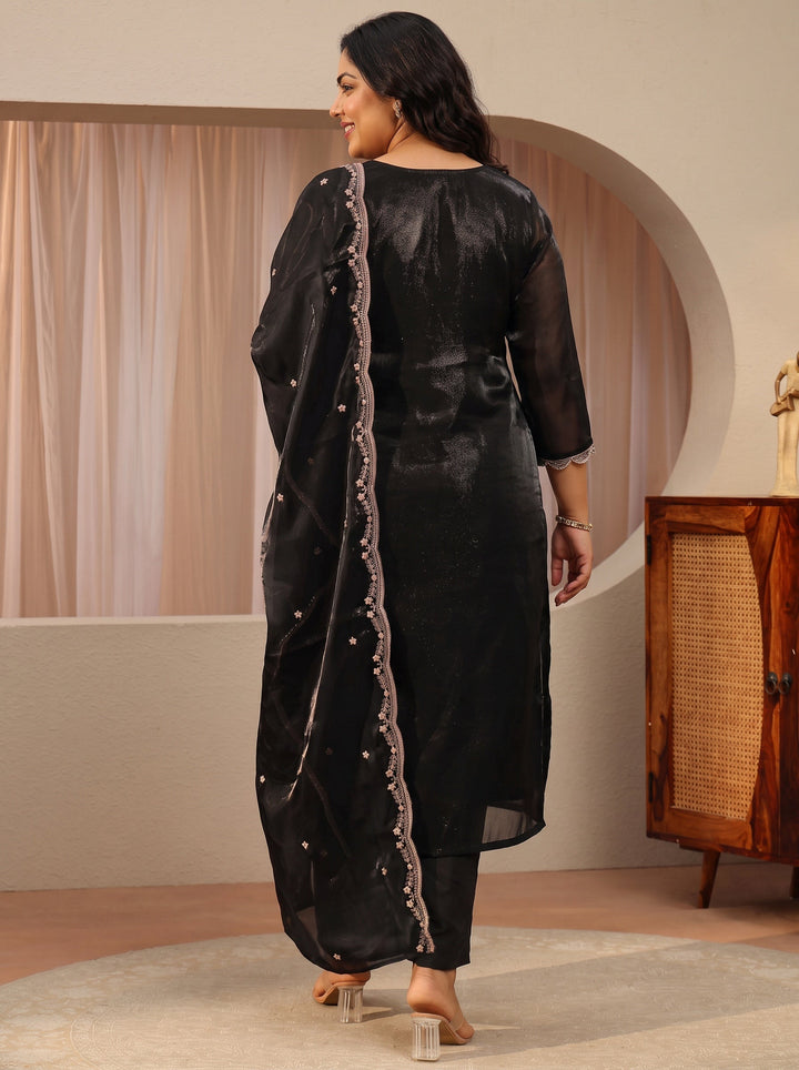 Plus Size Black Floral Embroidered Tissue Straight Suit Set