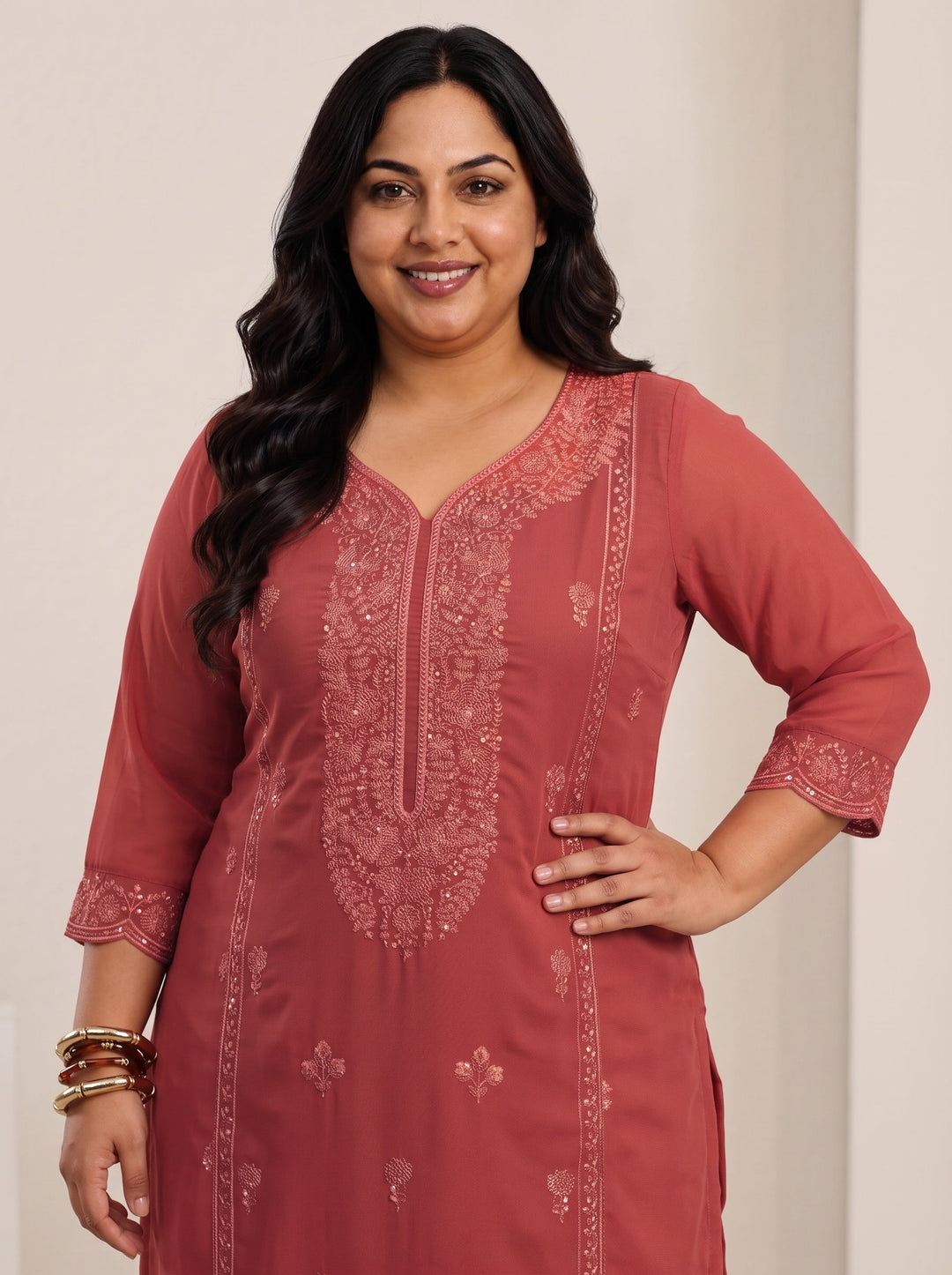 Plus Size Rust Red Floral Embroidered Georgette Straight Suit Set