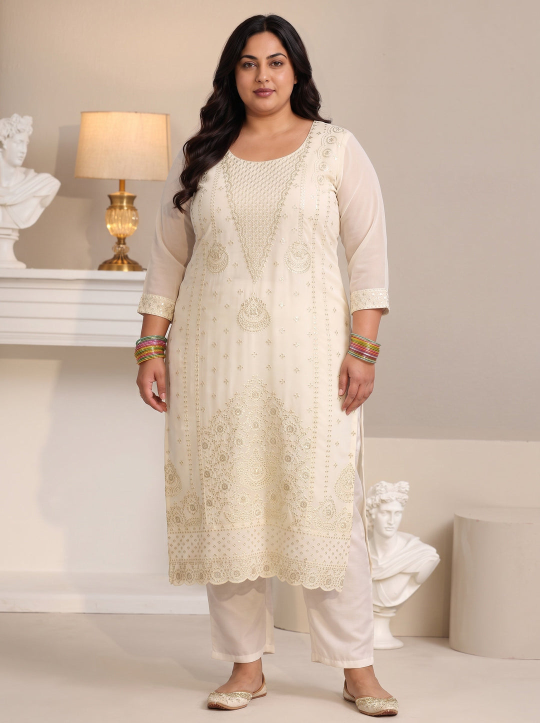 Plus Size Off White Embroidered Georgette Straight Suit Set