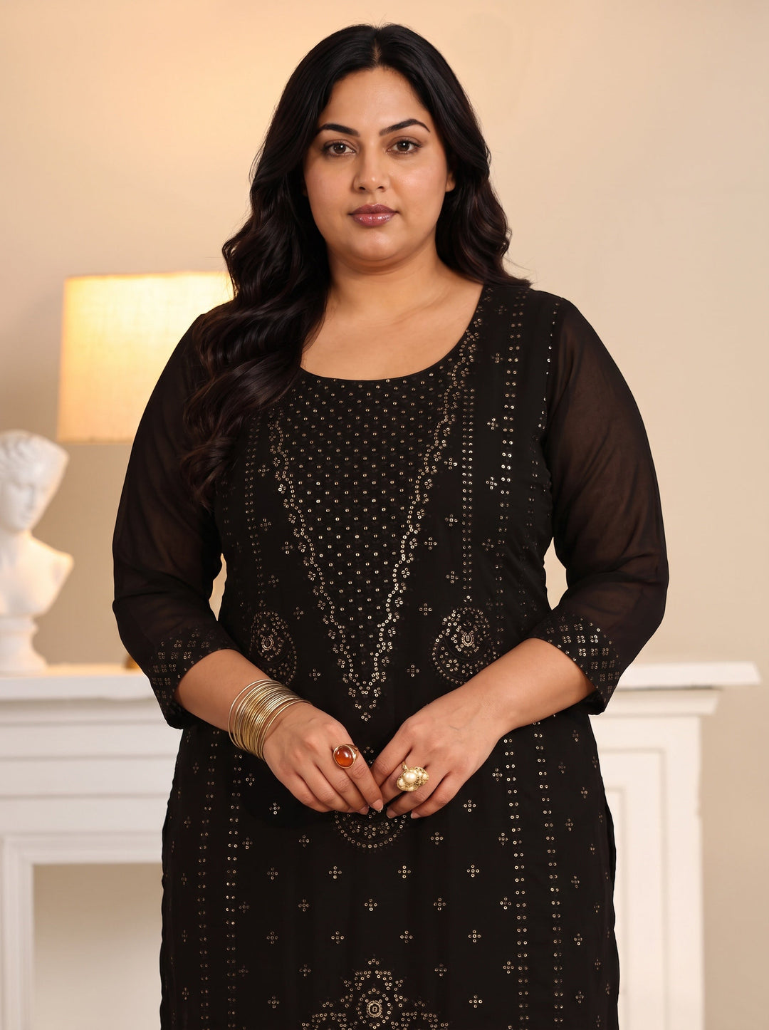 Plus Size Black Embroidered Georgette Straight Suit Set