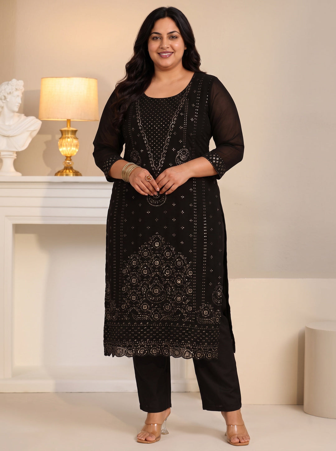 Plus Size Black Embroidered Georgette Straight Suit Set