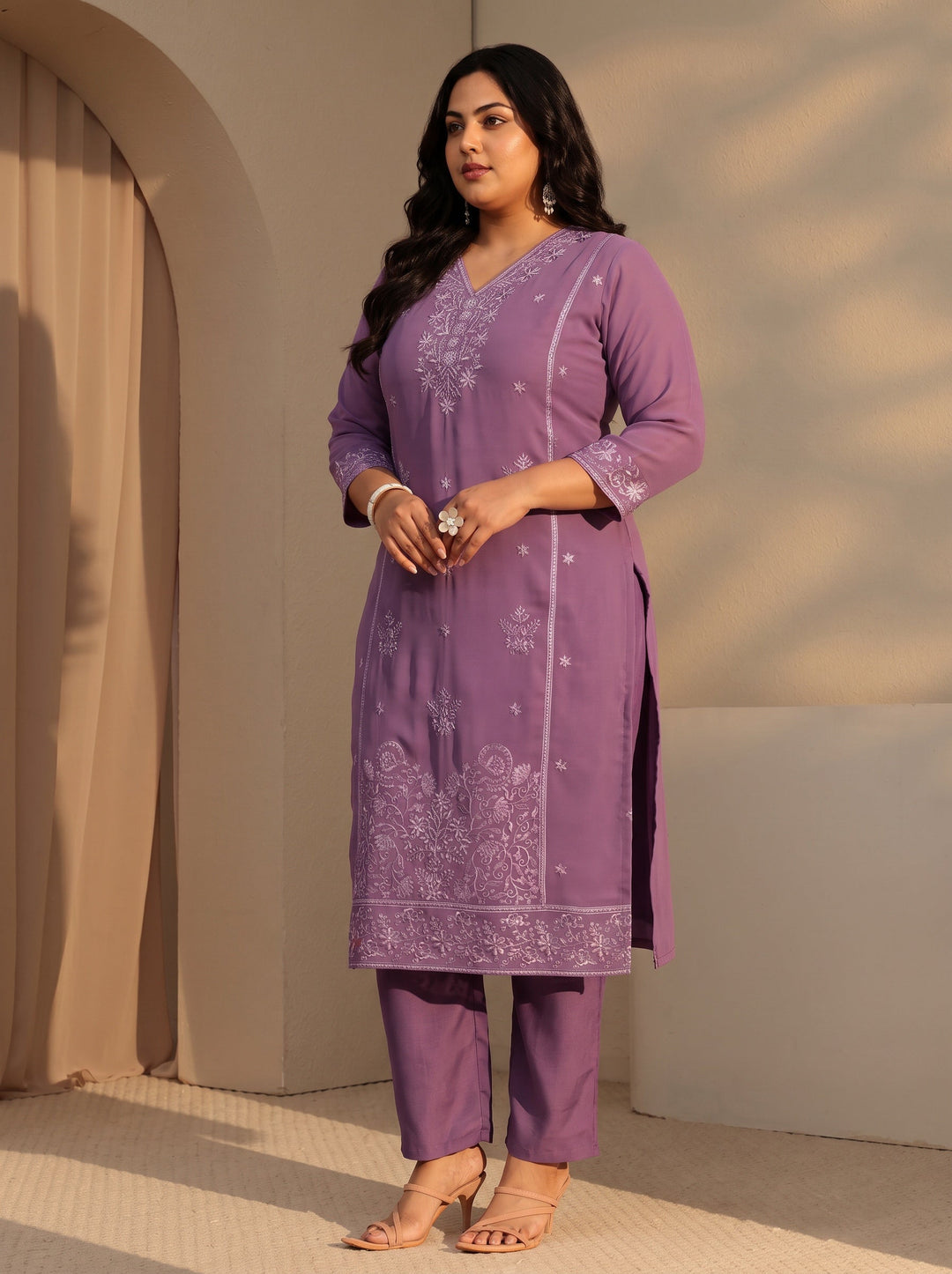 Plus Size Lavender Floral Embroidery Straight Georgette Suit Set