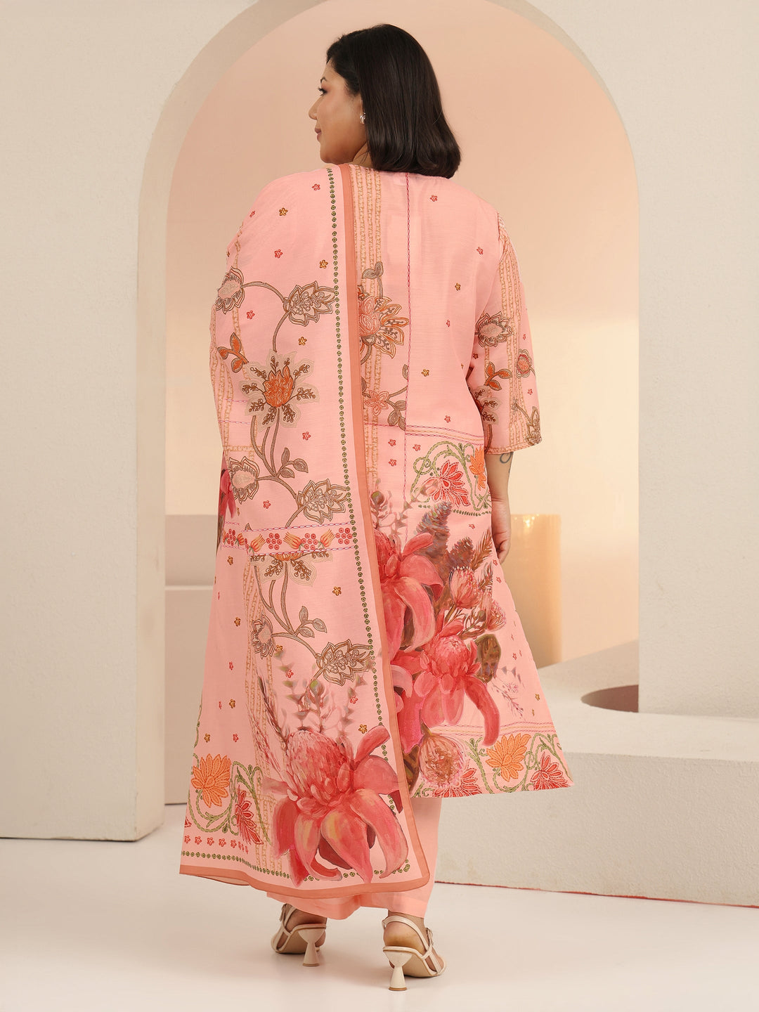 Plus Size Peach Pink Floral Printed Muslin Straight Suit Set