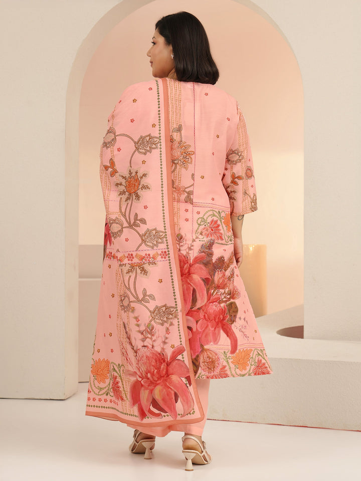 Plus Size Peach Pink Floral Printed Muslin Straight Suit Set