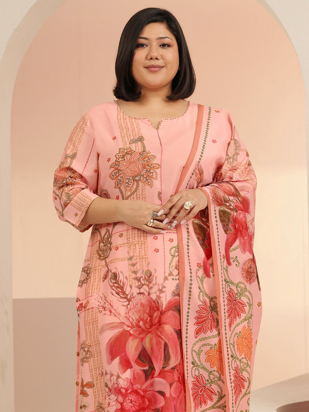 Plus Size Peach Pink Floral Printed Muslin Straight Suit Set