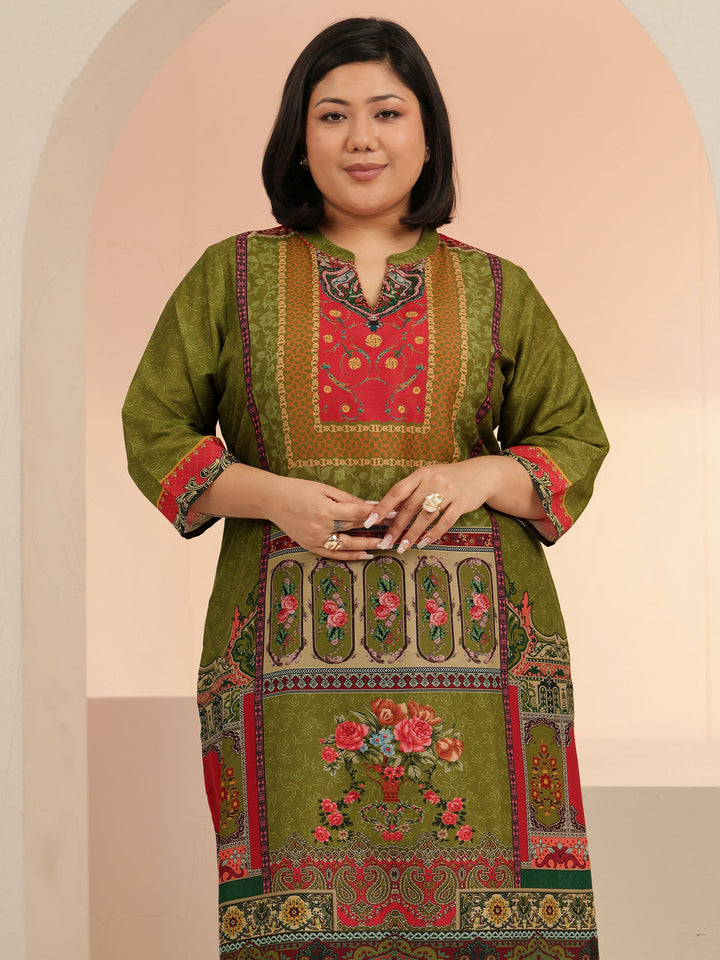 Plus Size Green Floral Printed Muslin Straight Suit Set