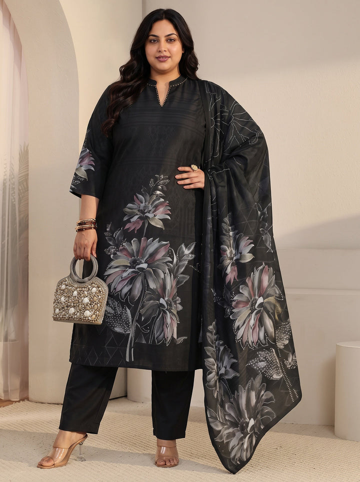 Plus Size Black Floral Printed Muslin Straight Suit Set