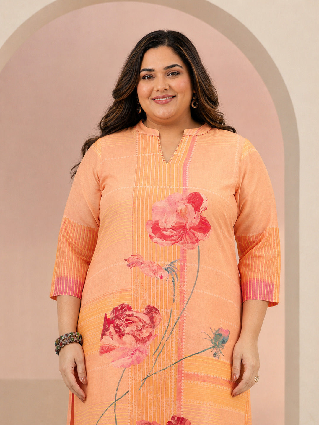 Plus Size Peach Floral Printed Muslin Straight Suit Set