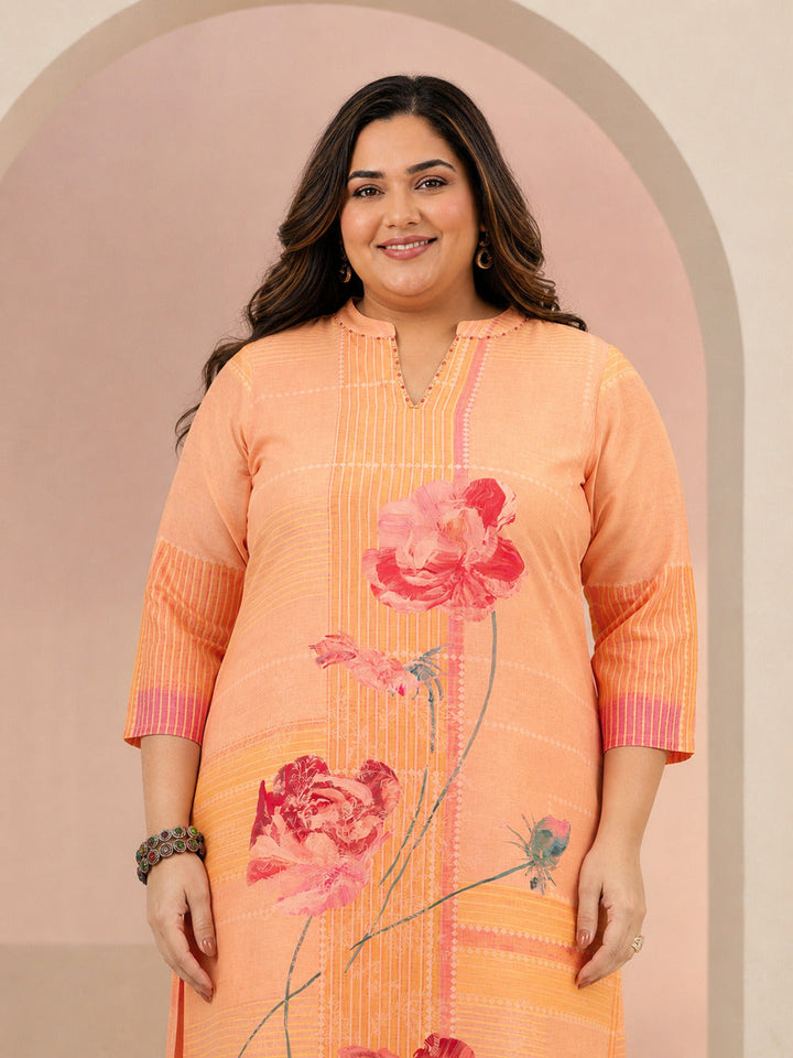 Plus Size Peach Floral Printed Muslin Straight Suit Set