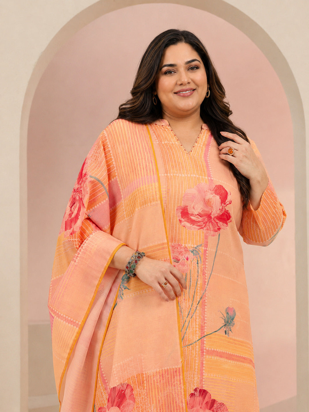 Plus Size Peach Floral Printed Muslin Straight Suit Set