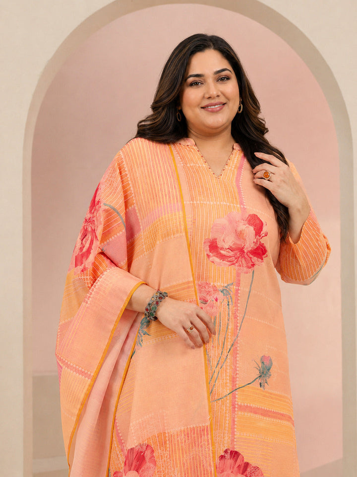 Plus Size Peach Floral Printed Muslin Straight Suit Set