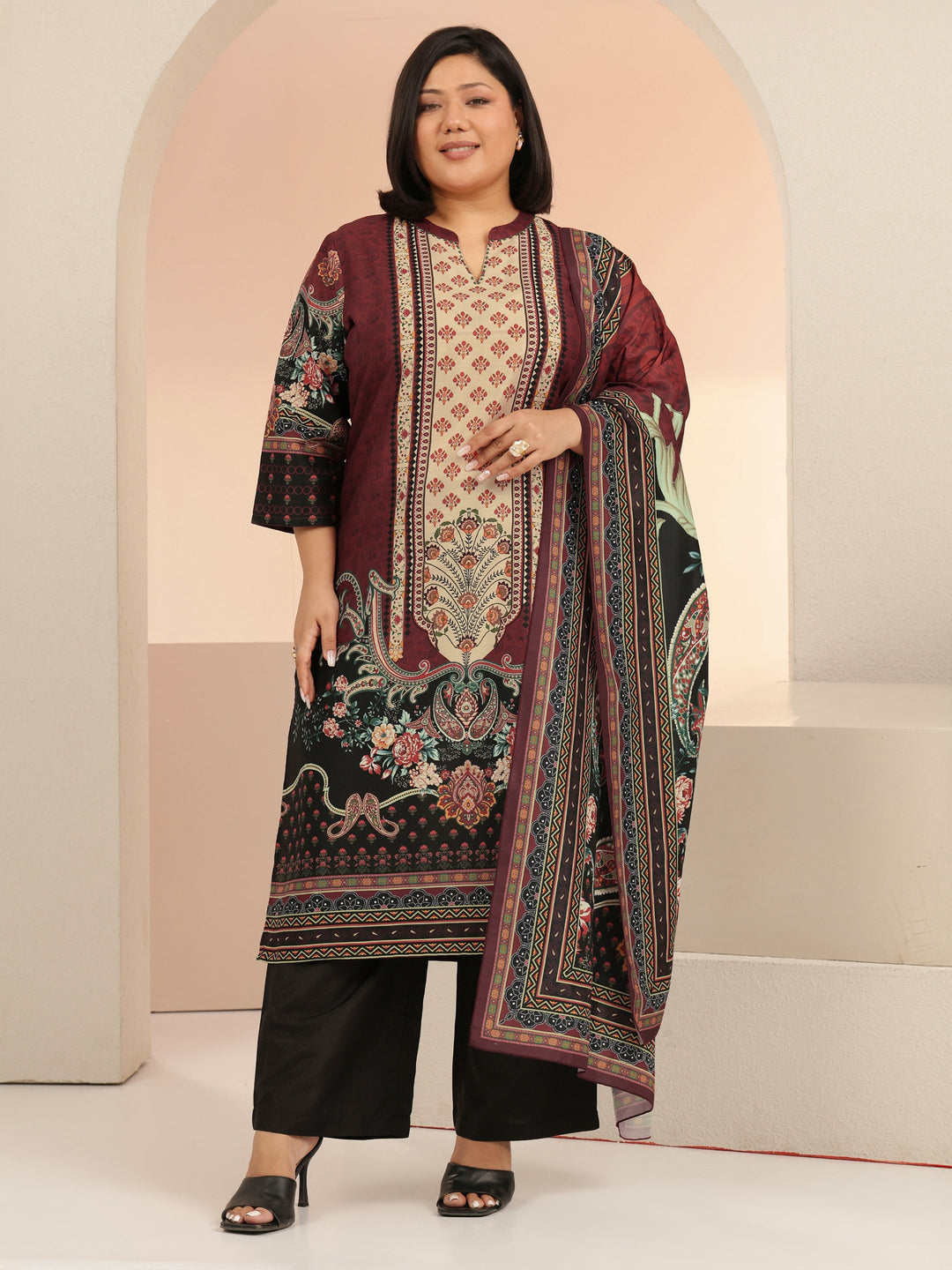 Plus Size Maroon Ethnic Print Muslin Straight Suit Set