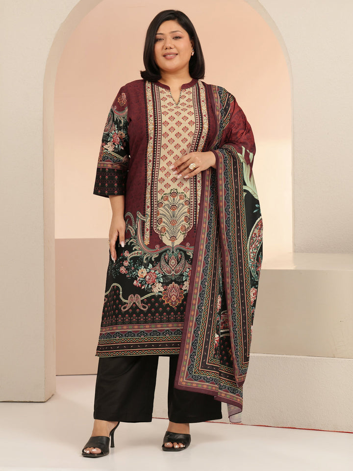 Plus Size Maroon Ethnic Print Muslin Straight Suit Set