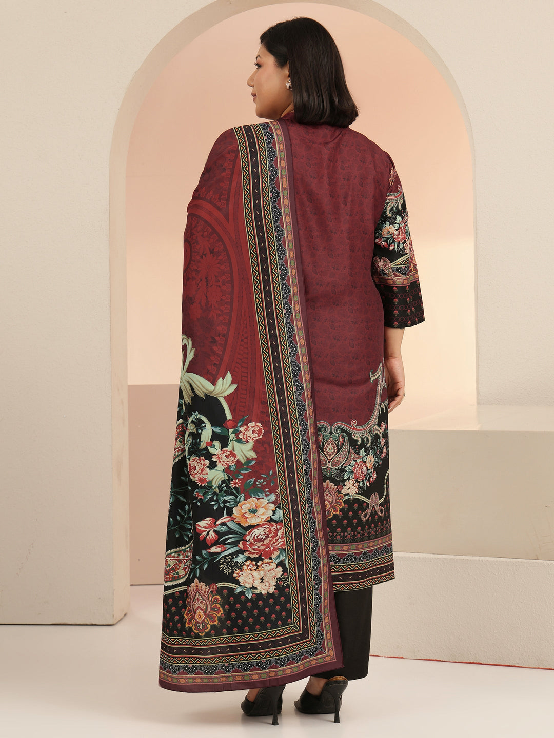 Plus Size Maroon Ethnic Print Muslin Straight Suit Set