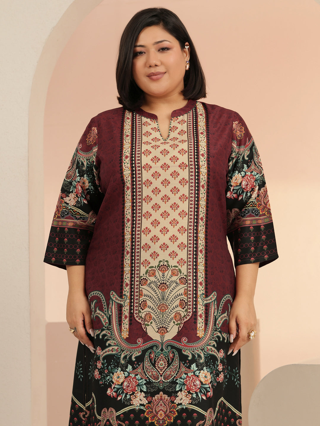 Plus Size Maroon Ethnic Print Muslin Straight Suit Set