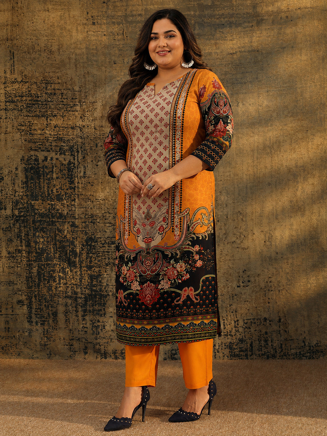 Plus Size Mustard Ethnic Motif Muslin Straight Suit Set
