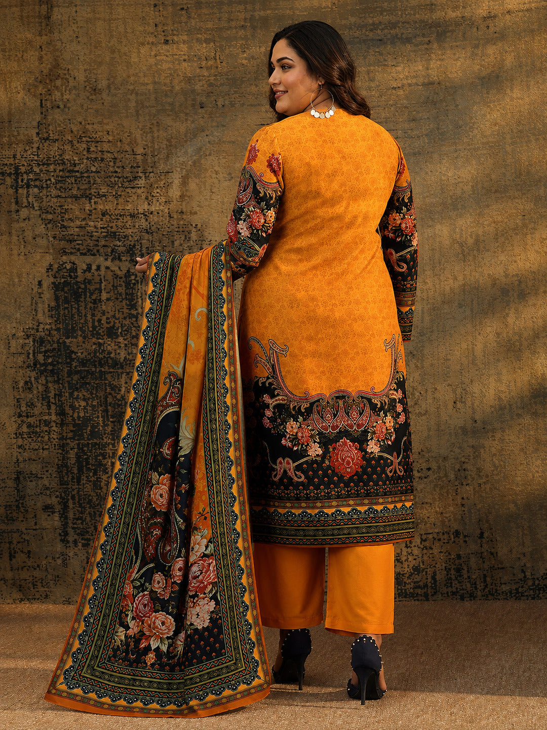 Plus Size Mustard Ethnic Motif Muslin Straight Suit Set