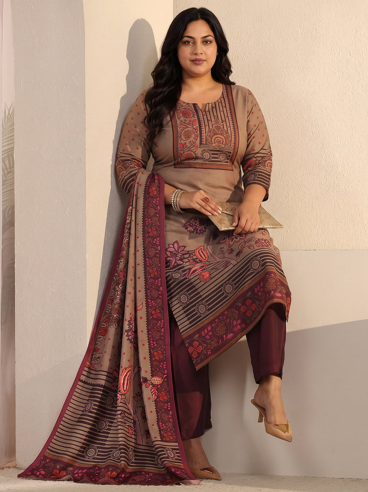 Plus Size Brown Floral Printed Muslin Straight Suit Set