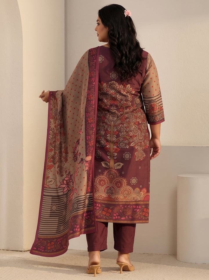 Plus Size Brown Floral Printed Muslin Straight Suit Set