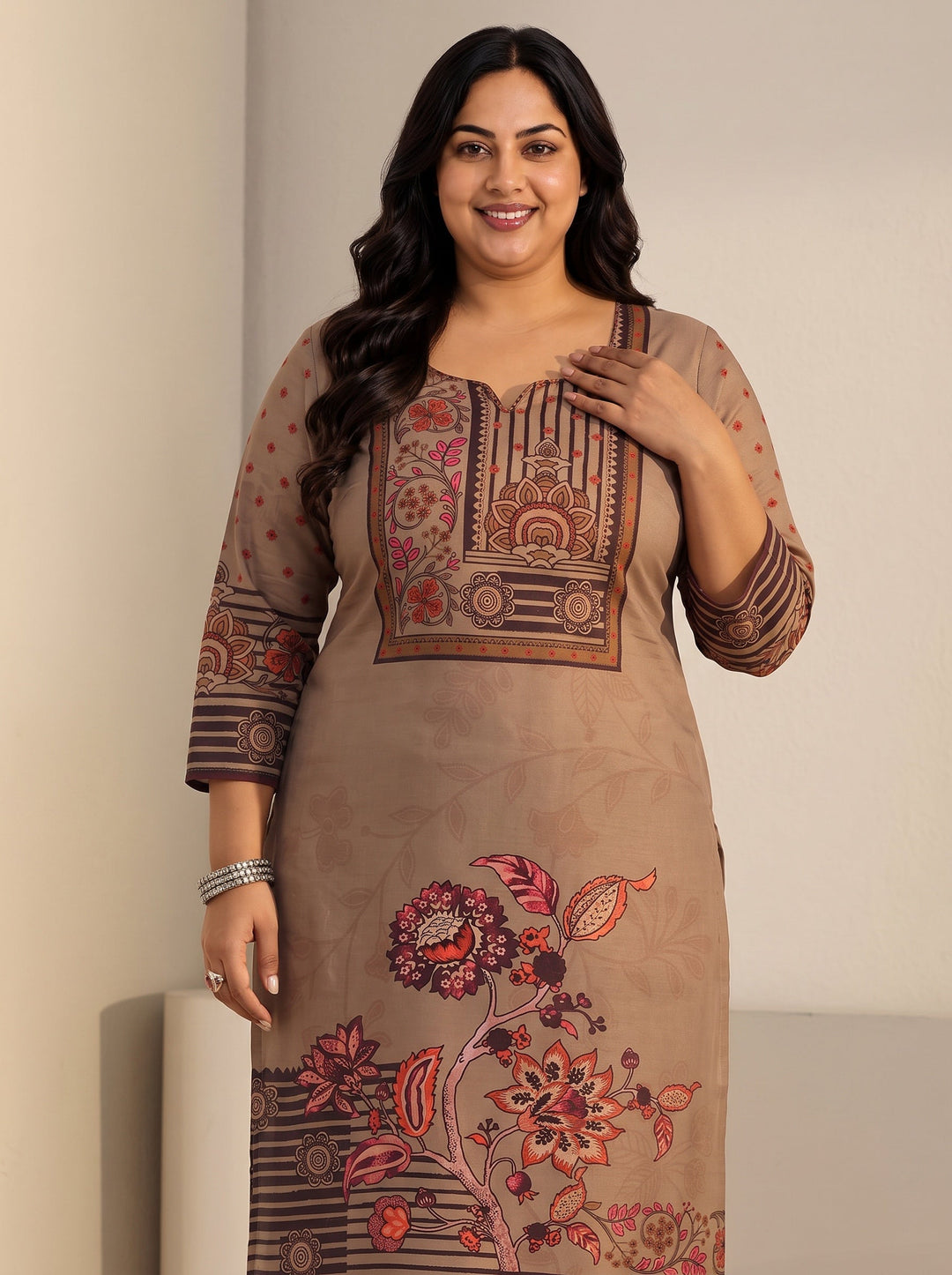 Plus Size Brown Floral Printed Muslin Straight Suit Set