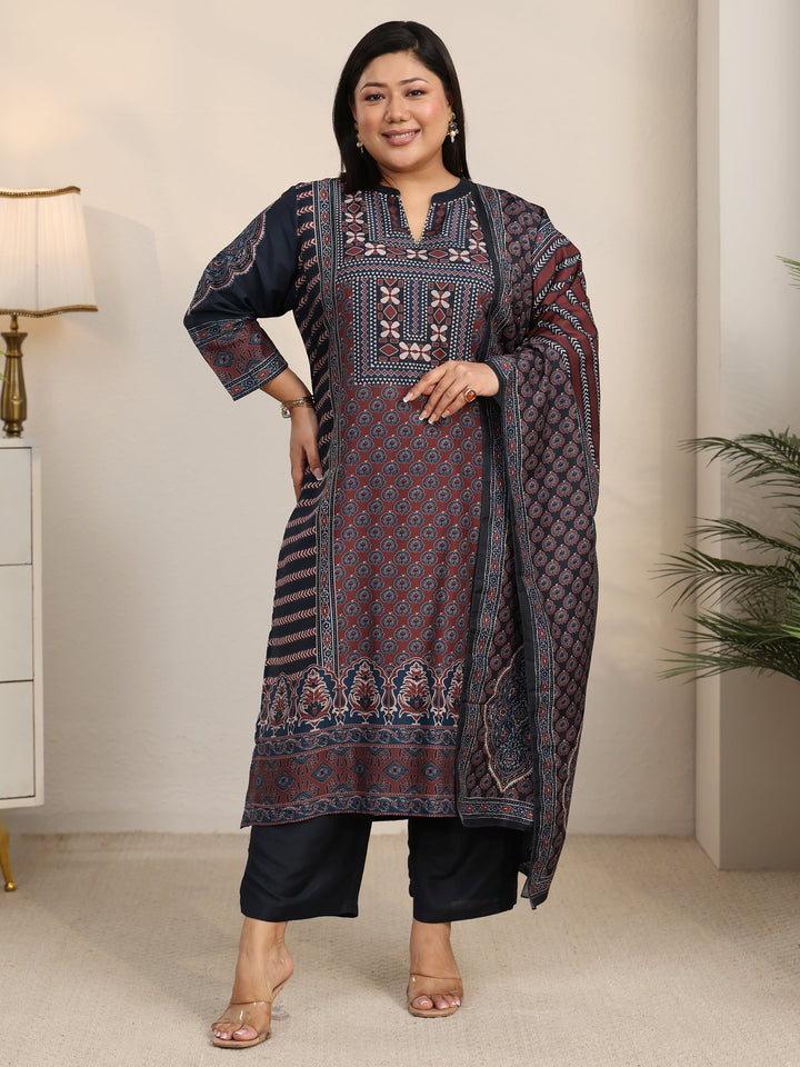 Plus Size Maroon Ethnic Print Cotton Blend Straight Suit Set