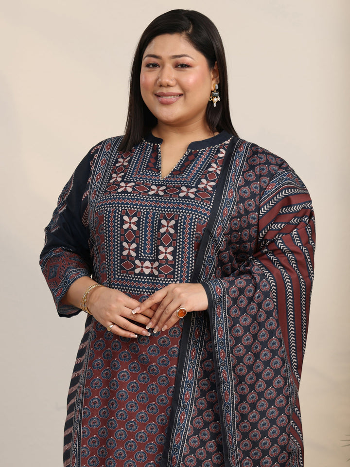 Plus Size Maroon Ethnic Print Cotton Blend Straight Suit Set