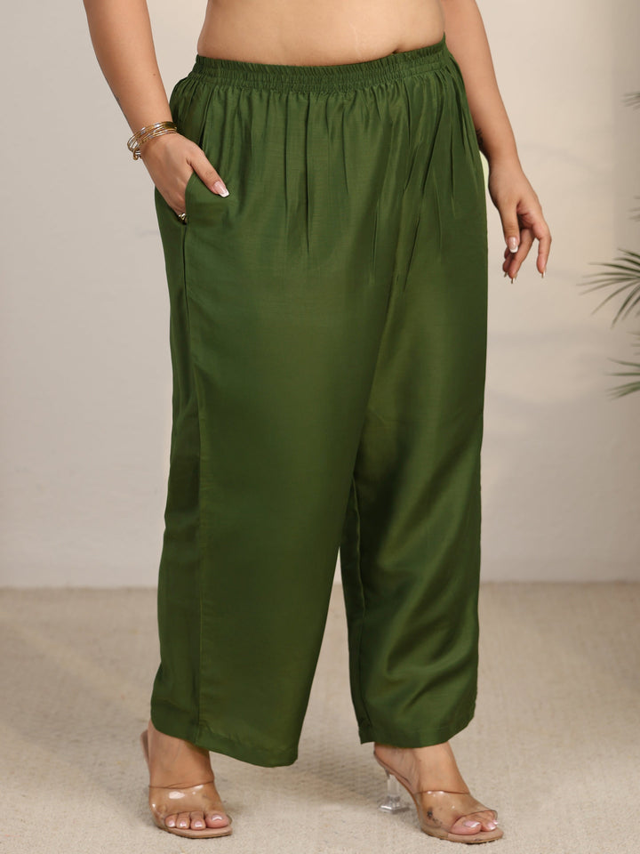 Plus Size Olive Green Printed Muslin Straight Suit Set