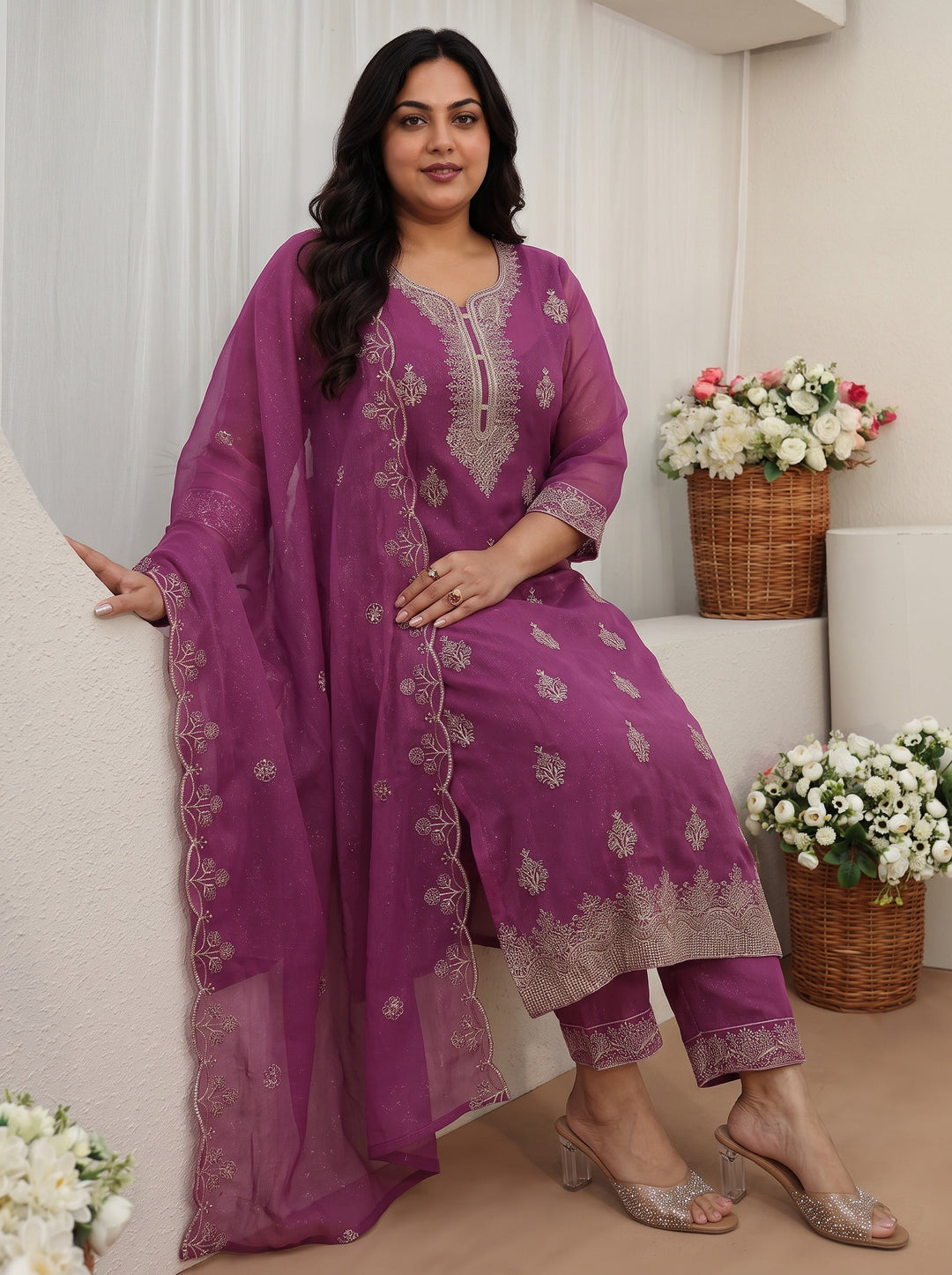Plus Size Lavender Embroidered Chinon Straight Suit Set