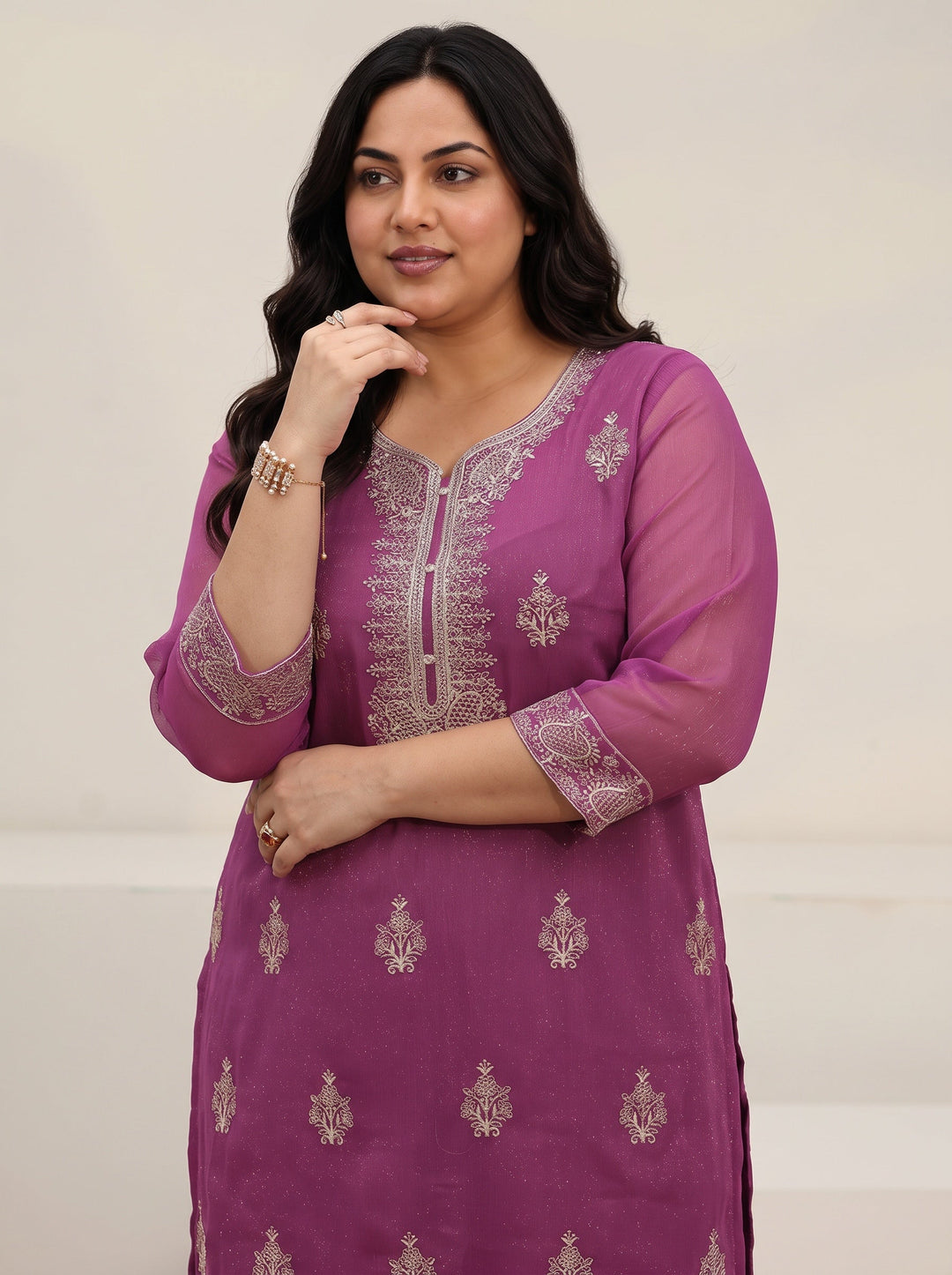 Plus Size Lavender Embroidered Chinon Straight Suit Set