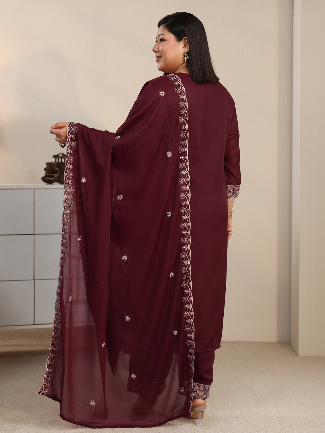 Plus Size Maroon Embroidered Chinon Straight Suit Set