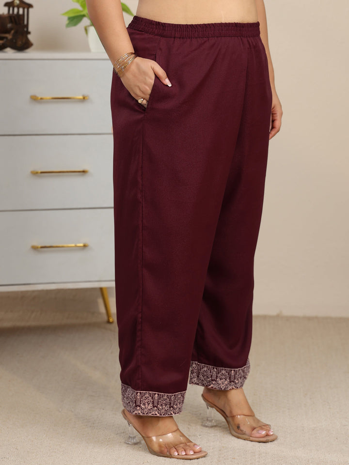 Plus Size Maroon Embroidered Chinon Straight Suit Set