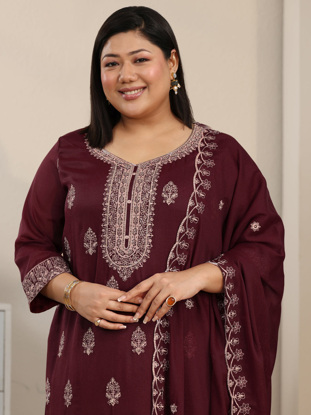 Plus Size Maroon Embroidered Chinon Straight Suit Set