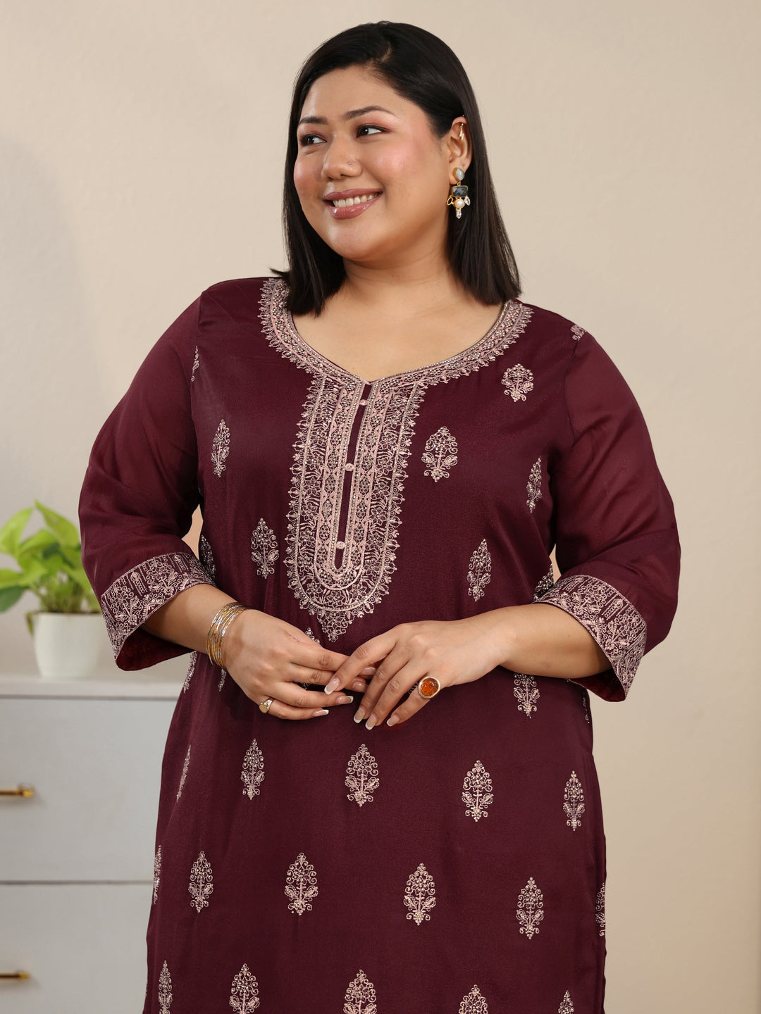 Plus Size Maroon Embroidered Chinon Straight Suit Set