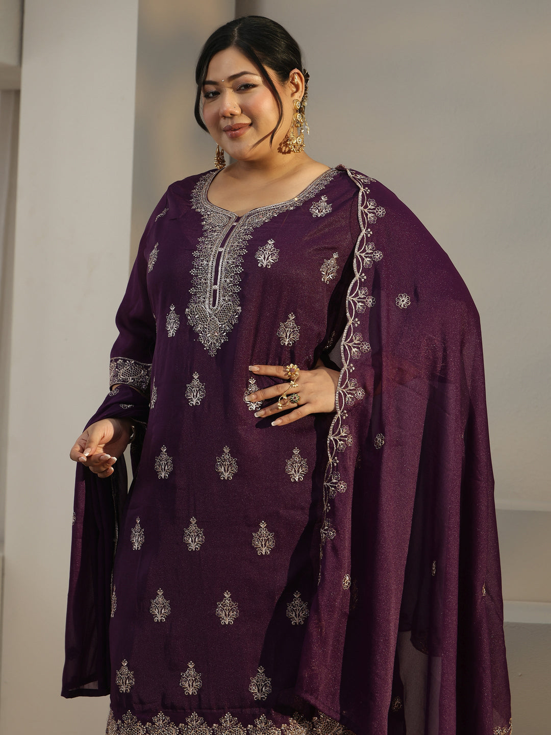 Plus Size Burgundy Embroidered Chinon Straight Suit Set