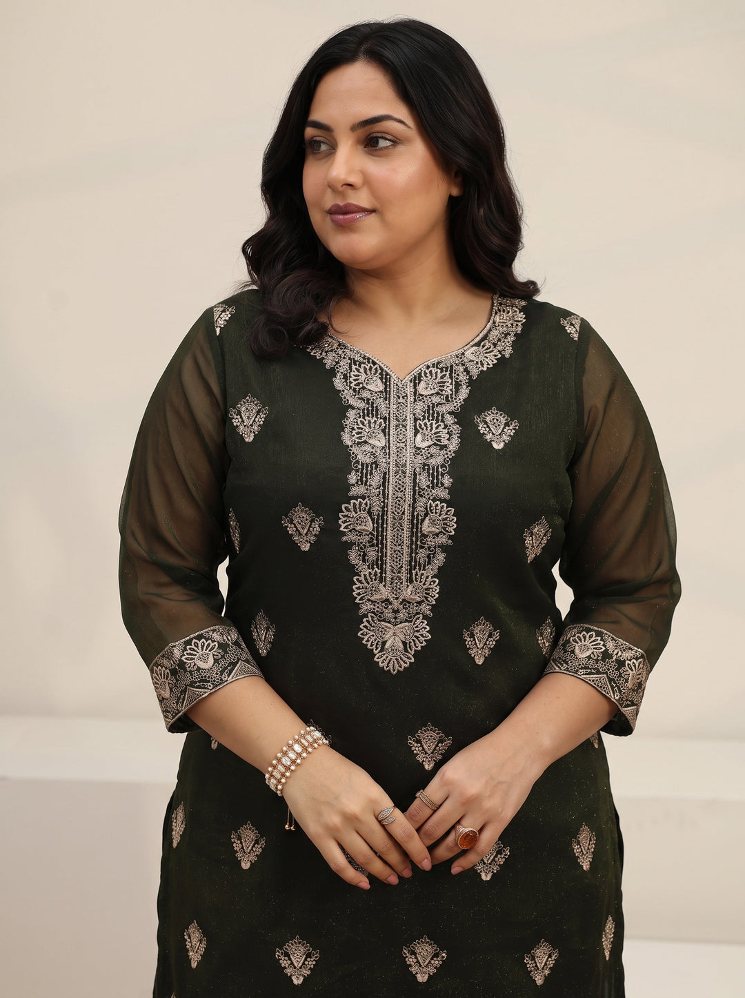 Plus Size Dark Green Embroidered Chinon Straight Suit Set
