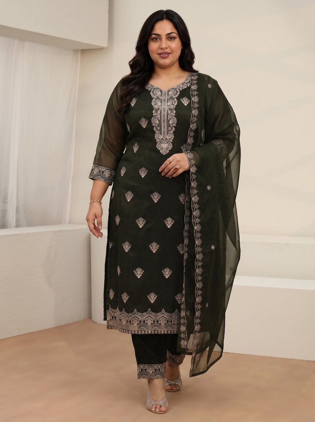 Plus Size Dark Green Embroidered Chinon Straight Suit Set