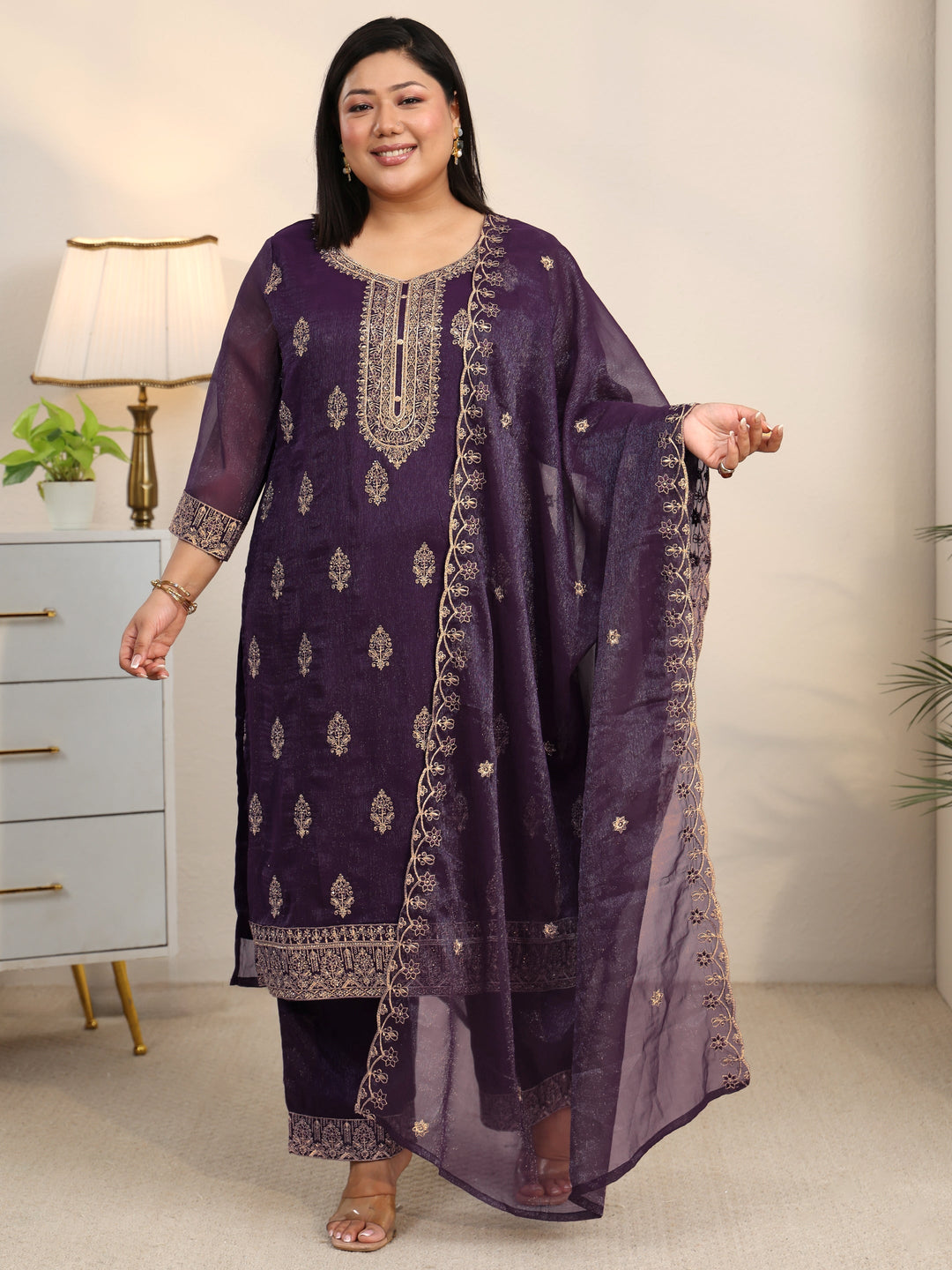 Plus Size Purple Floral Printed Chinon Straight Suit Set