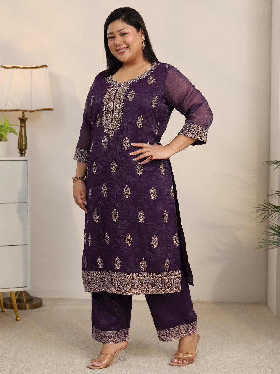 Plus Size Purple Floral Printed Chinon Straight Suit Set