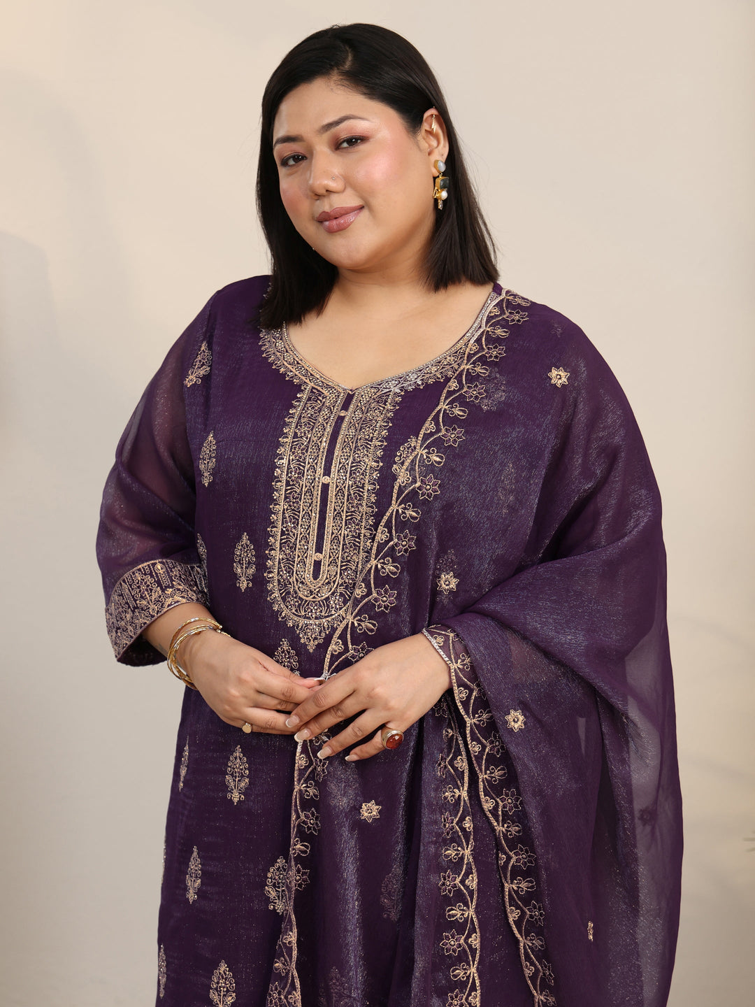 Plus Size Purple Floral Printed Chinon Straight Suit Set