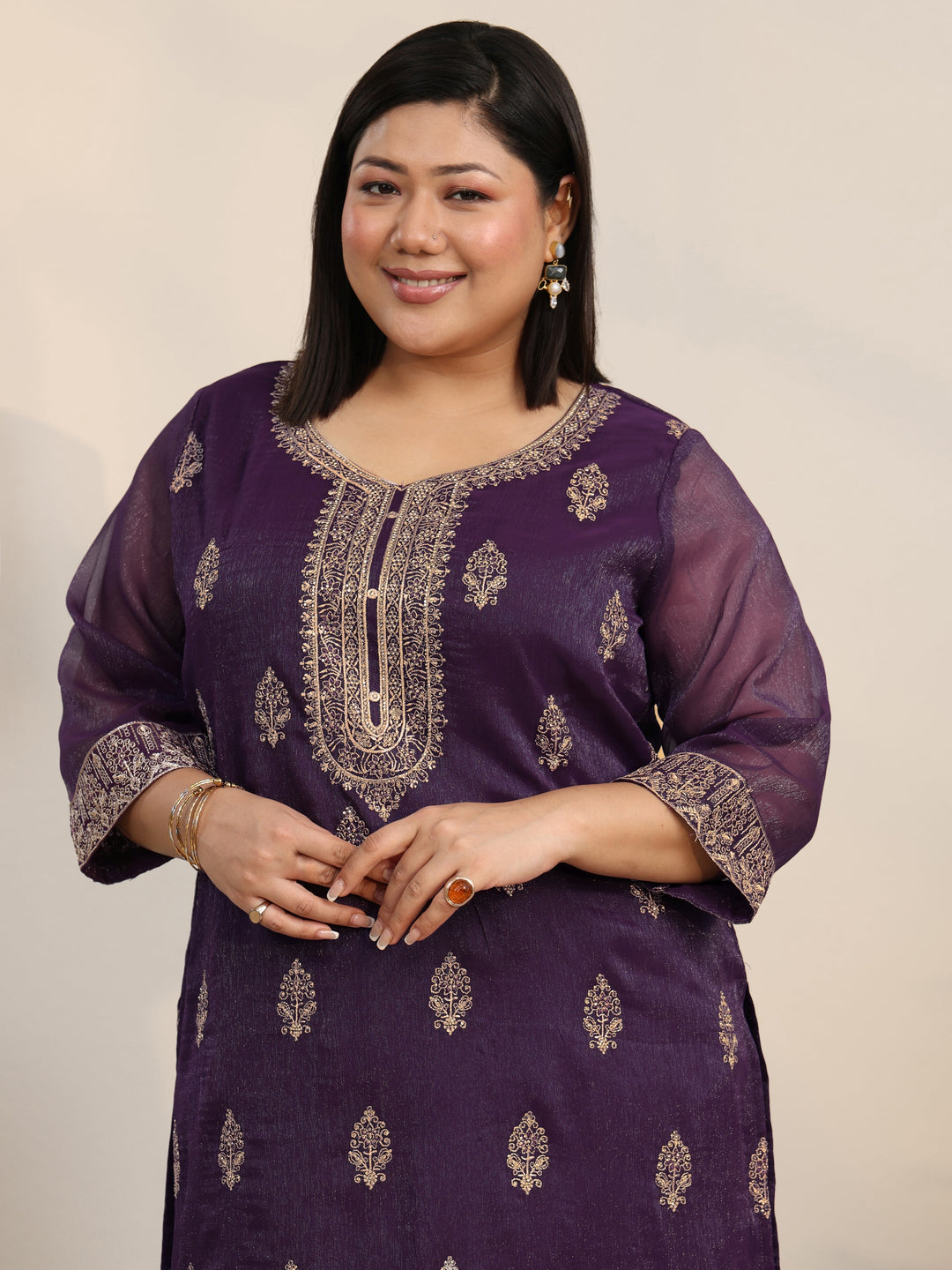 Plus Size Purple Floral Printed Chinon Straight Suit Set